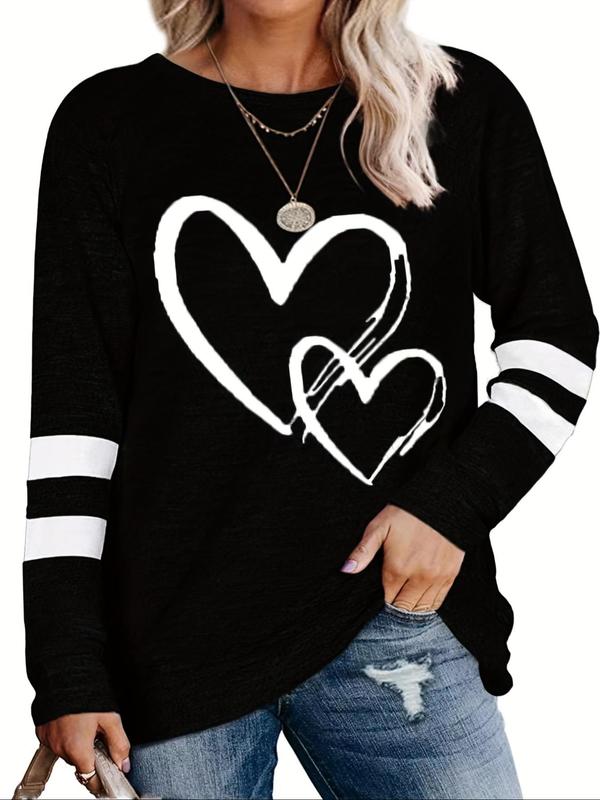  Heart & Striped Print Long Sleeve Tee, Graphic Tees, Casual Round Neck T-shirt for Spring & Fall, Women's Clothing for Daily Wear