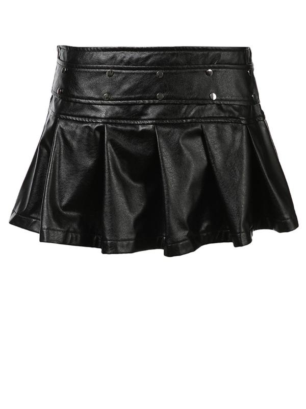 Women's Rivet Decor Pleated Skirt, Fashionable PU Leather Skirt for Daily Wear, Skirts for Women, Casual Comfy Skirt for Ladies