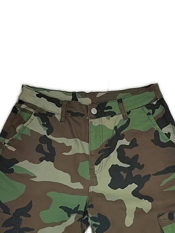  Camo Print Button Pocket Cargo Pants, Street Casual Multi-pocket Trousers for Daily Wear, Women's Bottoms for All Seasons