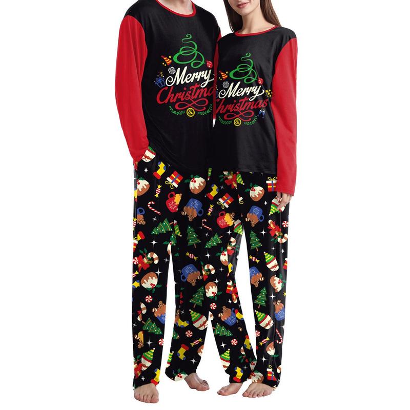 Adult 2 Piece Pajama Set Christmas Print Long Sleeves Shirt and Elastic Pants Loungewear Soft Sleepwear for Nightwear Couple Matching Sets