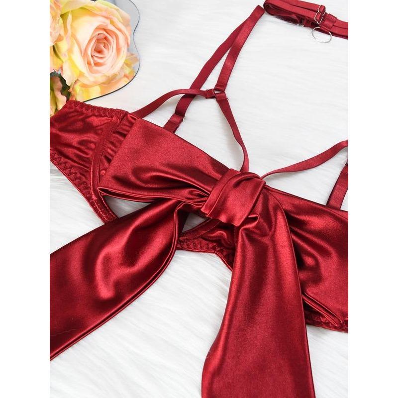 Women's Sexy Silk Bow Front Push Up Bra Lingerie Set,Comfortable Underwear, girls conquet te outfit Nightdress Red  Black lingerieset Womenswear Lady sexy Sleepwear Elegance Feminine Basic Minimalist Nightgown Elegant Nightwear Spaghetti Strap