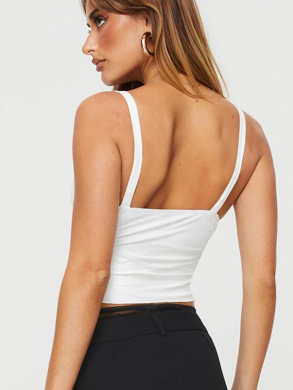 Women's Plain Twist Front Ruched Backless Crop Cami Top, Casual Sweetheart Neck Sleeveless Top for Summer, Ladies Clothes for Daily Wear