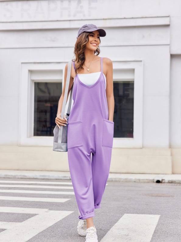 Ekouaer Fashion  Womenswear Sleeveless Jumpsuit Loose Spaghetti Strap Baggy Overalls Jumpers Casual Long Pants Rompers with Pockets 2024 Basic