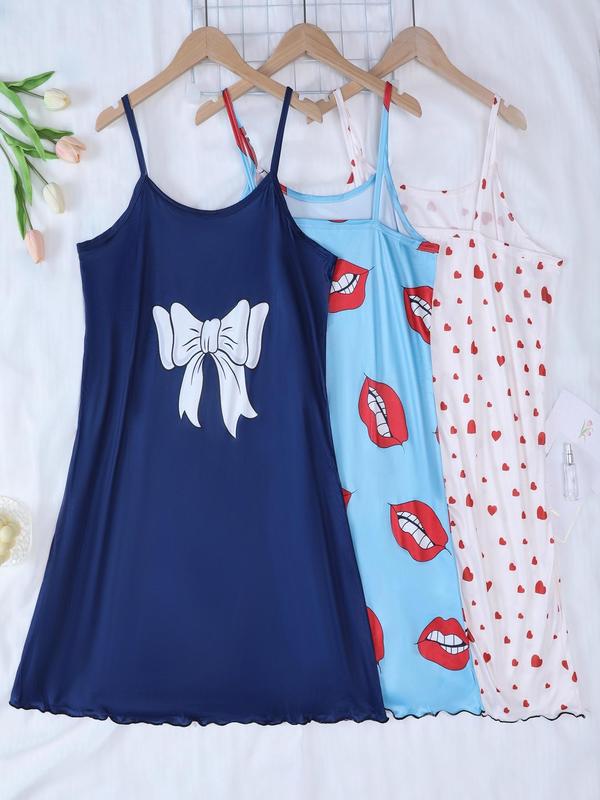 Women's 3pcs Graphic Print Lettuce Trim Cami Nightdress, Casual Soft Comfortable Spaghetti Strap Scoop Neck Nightgown for Summer, Ladies Sleepwear for Daily Wear