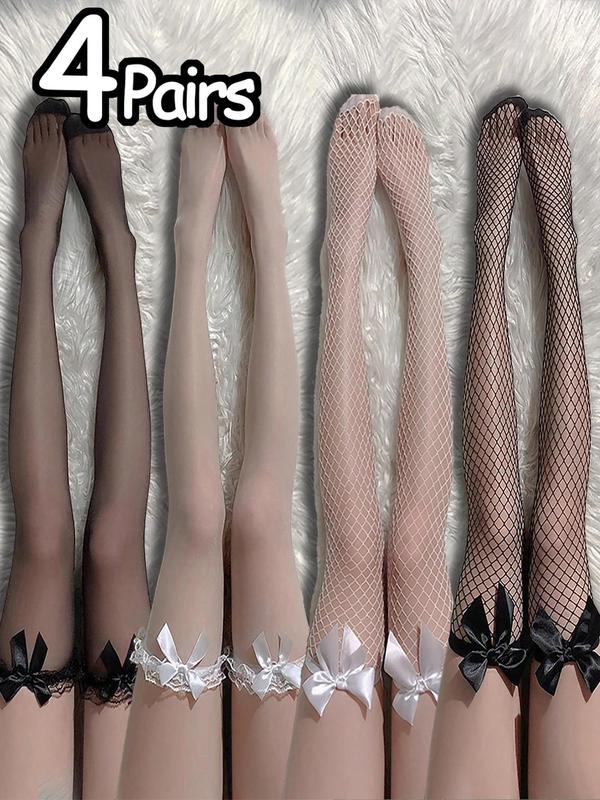 Women's Plain Bow Decor Contrast Lace Sheer Knee-High Socks, Fashionable Comfy Breathable Hollow Out Fishnet Over Knee Socks for Daily Wear, Ladies Socks for All Seasons