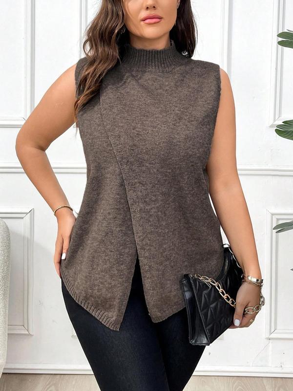  Solid Wrap Mock Neck Sweater Vest, Elegant Fashion Casual Sleeveless Knit Top for Daily Outdoor Wear, Women Plus Clothing for All Seasons