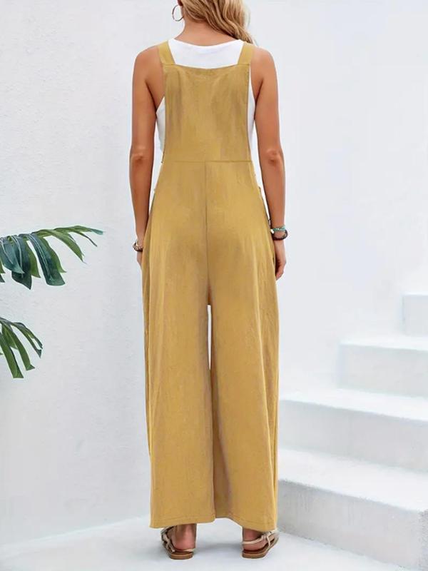 Women's Plicated Button Wide Leg Overalls Jumpsuit without Tank Top, Casual Pocket Square Neck Sleeveless Overalls Jumpsuit, Women's Jumpsuit