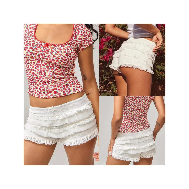 Women Lace Bloomers Shorts Casual Summer Layered Ruffle Elastic Short Pants for Vacation Beach Nightclub Streetwear Fashion Womenswear Bottom Cute