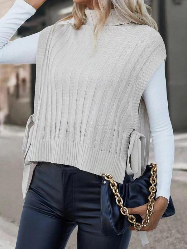 Women's Solid Color Tie Side Turtle Neck Sweater Vest, Casual High Neck Knit Top for All Seasons, Sweaters for Women, Fashion Ladies Knitwear for Daily Wear, Preppy 80s Clothes