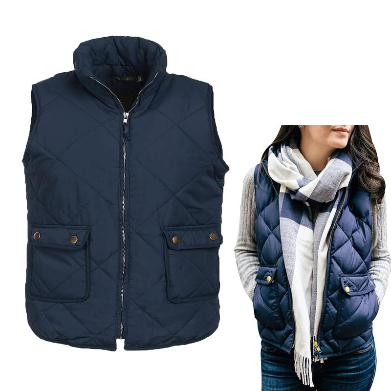 Women Casual Winter Sleeveless Plaid Zip Jacket Warm Waistcoat Black Brown Navy Blue Khaki Army Green