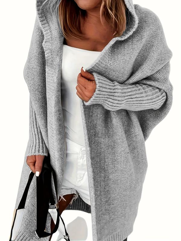 [Faith Devine Exclusive] Solid Drop Shoulder Top Stitching Hooded Cardigan, Casual Long Sleeve Open Front Knitwear for Fall & Winter, Women's Clothing for Daily Wear, Downtown Girl Clothes