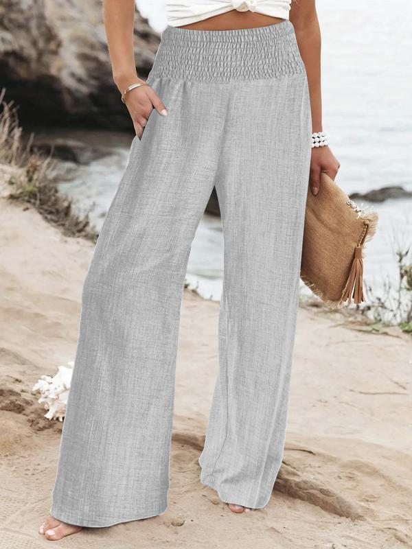 Women's Plain Shirred High Waist Wide Leg Pants, Fall Outfits, Casual Comfy Trousers for Daily Wear, Summer Outfits 2024, Summer Clothes, Ladies Summer Bottoms for All Seasons