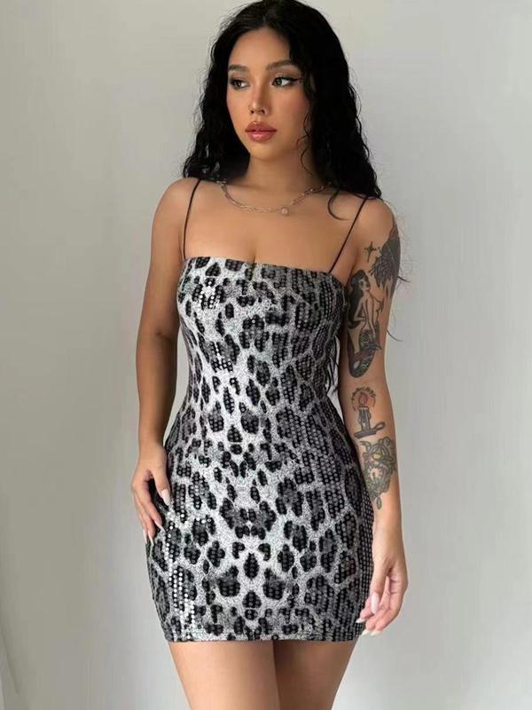 Women's Leopard Print Backless Sequins Cami Dress, Fashionable Sleeveless Bodycon Mini Dress for Party Club Dating Wear, Women's Clothing, Summer Dress, Dress for Women, Homecoming Dresses, Wedding Guest Dress