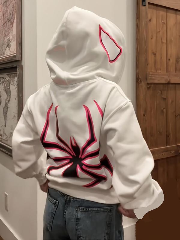 Women's Spider Print Zip Up Drop Shoulder Hoodie, Fashion Casual Halloween Letter Print Kangaroo Pocket Hooded Sweatshirt for Daily Holiday Outdoor Wear, Women Clothing, Graphic Hoodie, Fall Tops 2024, Birthday Gifts