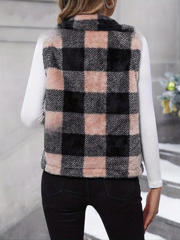 Women's Plaid Print Funnel Neck Zip Up Vest Coat, Casual Sleeveless Outerwear for Fall & Winter, Ladies Clothes for Daily Wear