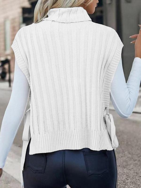 Women's Solid Color Tie Side Turtle Neck Sweater Vest, Casual High Neck Knit Top for All Seasons, Sweaters for Women, Fashion Ladies Knitwear for Daily Wear, Preppy 80s Clothes