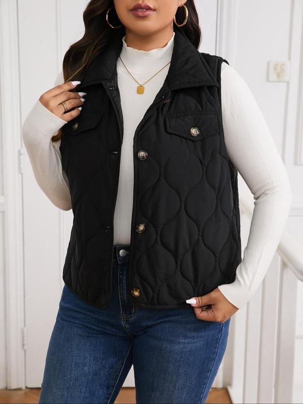 Plus Size Solid Button Front Pocket Quilted Vest Jacket, Casual Sleeveless Collared Outerwear for Fall & Winter, Women's Clothes for Daily Wear