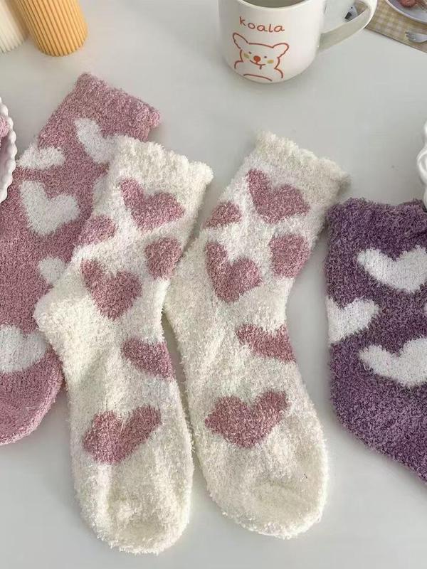 Women's Heart Print Fuzzy Crew Socks, Casual Soft Comfy Thermal Mid-calf Socks for Fall & Winter, Women's Socks for Daily Wear