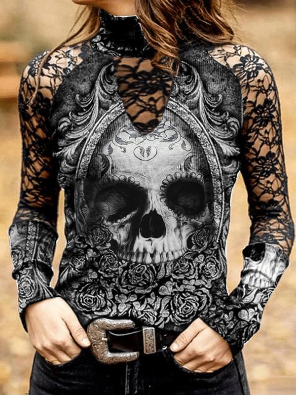 Women's Skull Print Contrast Lace High Neck Tee, Punk Fashion Casual 2000s Y2K Raglan Sleeve T-shirt For Halloween Daily Holiday Vacation Outdoor Wear, Women Clothing For Spring Fall