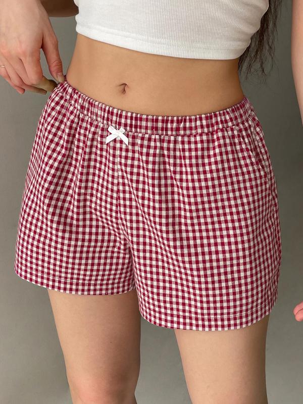 Women's Gingham Print Elastic Waist Shorts, Casual Bow Decor Pocket Design Shorts for Summer, Shorts for Women, Ladies Bottoms for Daily Wear