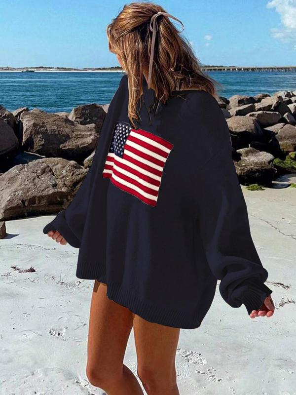 Women's Graphic Print Drop Shoulder Long Sleeve 4th Of July Sweater, Fashion Casual Vintage Crewnecks Jumper for Spring & Fall, Summer Outfits, Women's Vintage Clothing Knitwear for Daily Wear