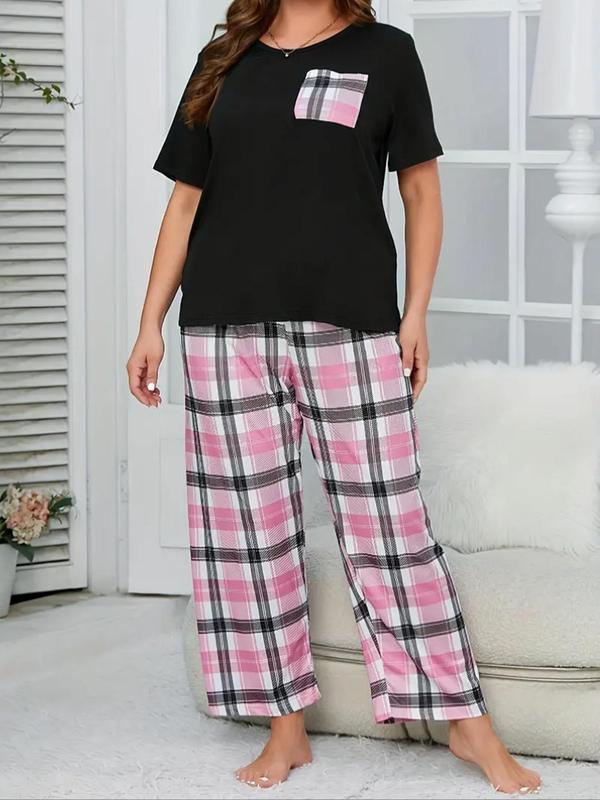  Two-Piece Set Plaid Print Pocket Tee & Pants Pyjama, Casual Comfy Round Neck Short Sleeve Top & Trousers PJ Set, Women's Sleepwear for All Seasons