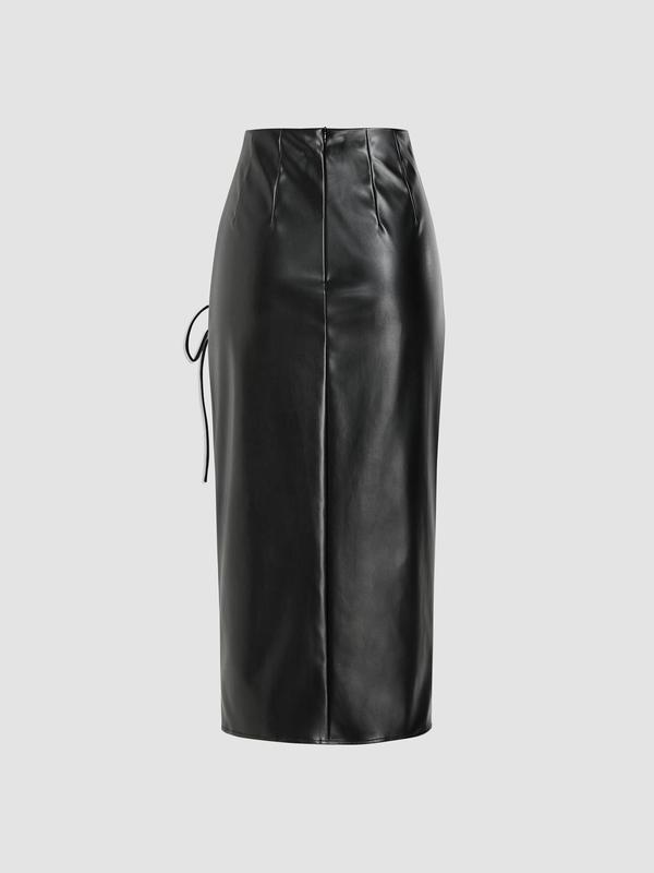 Women's Ruched Drawstring Split Thigh PU Leather Skirt, Fashion Casual High Waist Long Skirt for Daily Wear, Women's Bottoms for Spring & Fall