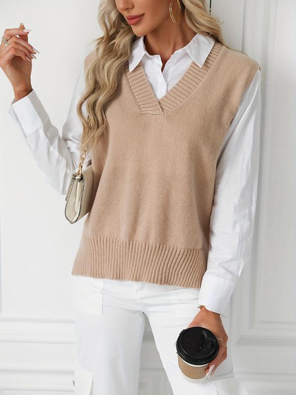 Women's Plain Split Hem V Neck Sweater Vest, Casual Sleeveless Knit Top for Daily Wear, Ladies Clothes for All Seasons