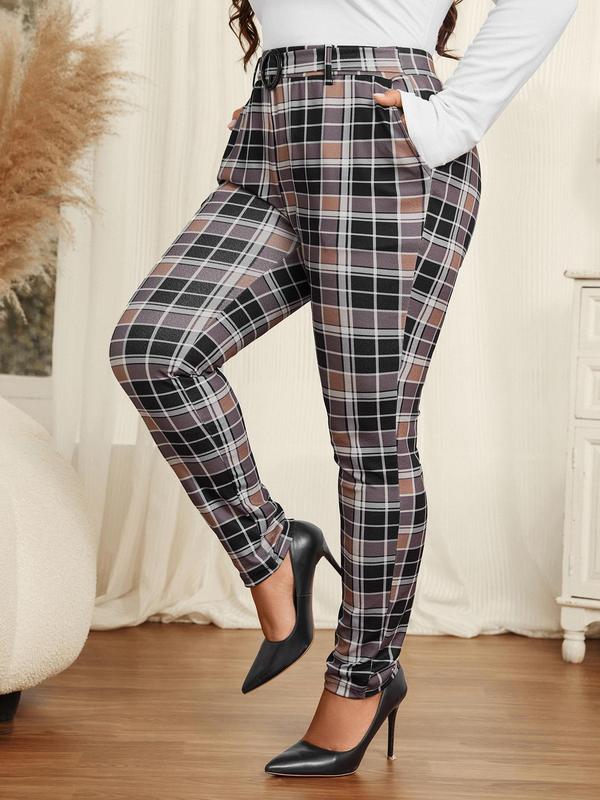 CURVZY Christmas Deals, Plus Size Plaid Print Pocket Buckle Decor Pants, Casual Comfy Trousers for Women, Women's Bottoms for Fall & Winter, Christmas 2024 Trend, Fall & Winter Clothes