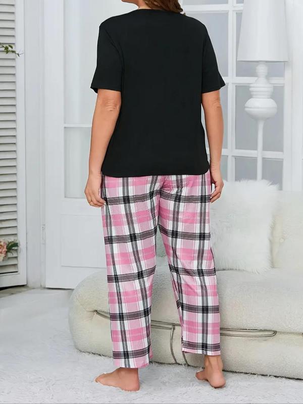  Two-Piece Set Plaid Print Pocket Tee & Pants Pyjama, Casual Comfy Round Neck Short Sleeve Top & Trousers PJ Set, Women's Sleepwear for All Seasons