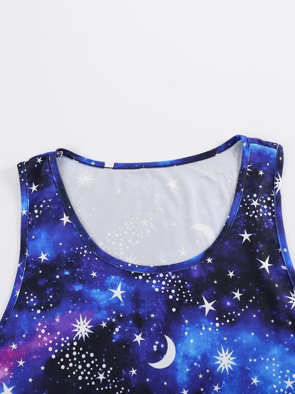  Galaxy Print Scoop Neck Tank Nightdress, Casual Comfy Sleeveless Sleep Dress, Summer Nightwear, Women's Sleepwear & Loungewear for All Seasons, Clothing, Summer Wear 2024