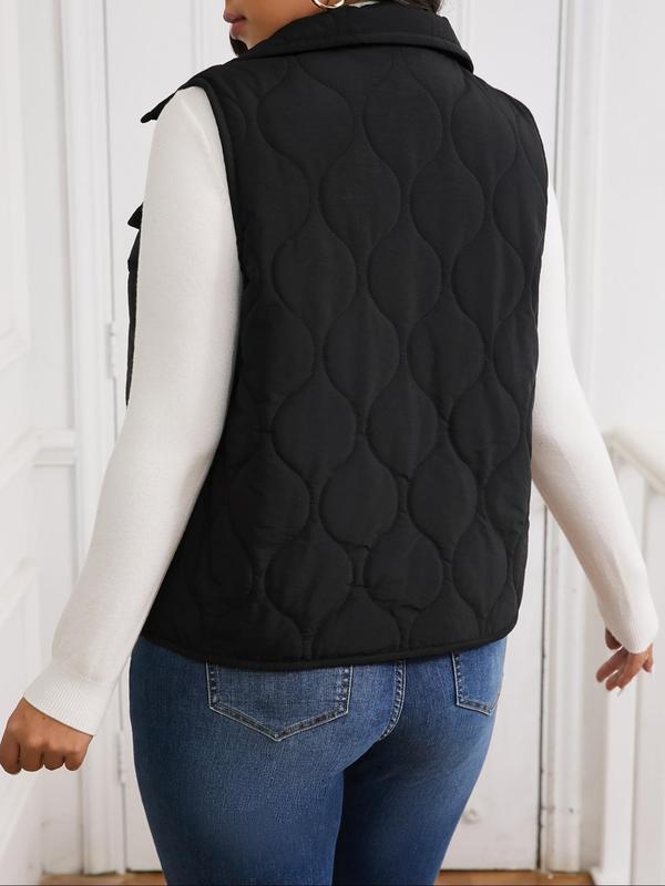 Plus Size Solid Button Front Pocket Quilted Vest Jacket, Casual Sleeveless Collared Outerwear for Fall & Winter, Women's Clothes for Daily Wear