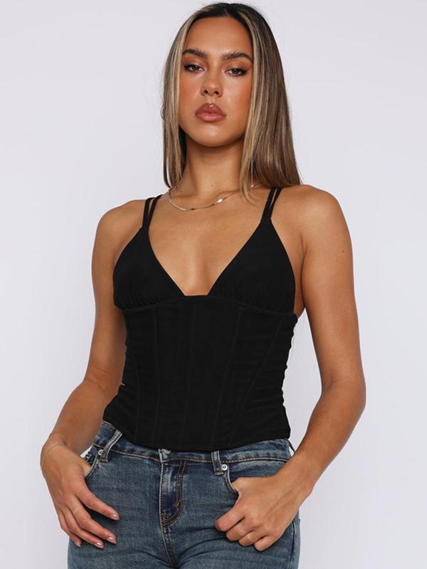 Women's Solid Color Corset Structure Cami Top, Fashion Adjustable Strap Deep V Neck Backless Top for Summer, Women's Clothing for Daily Wear