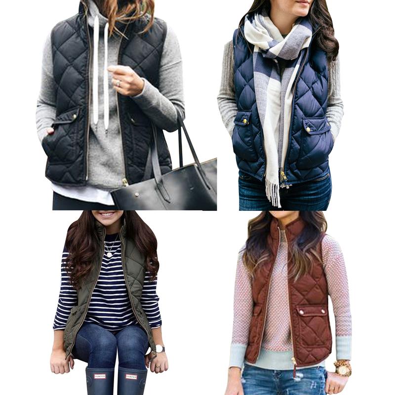 Women Casual Winter Sleeveless Plaid Zip Jacket Warm Waistcoat Black Brown Navy Blue Khaki Army Green