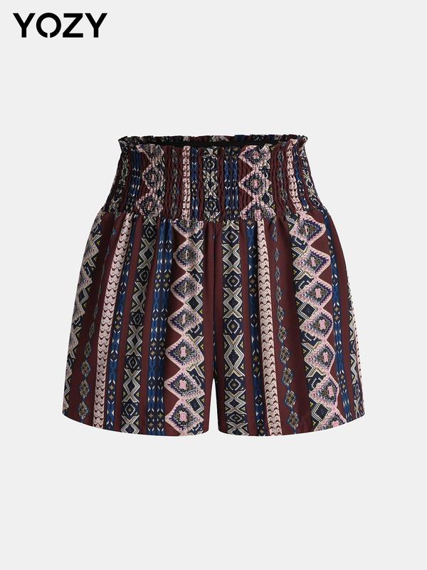 YOZY Women's Ethnic Pattern Shirred High Waist Shorts, Boho Casual High Rise Shorts for Beach Vacation Holiday, Ladies Summer Bottoms