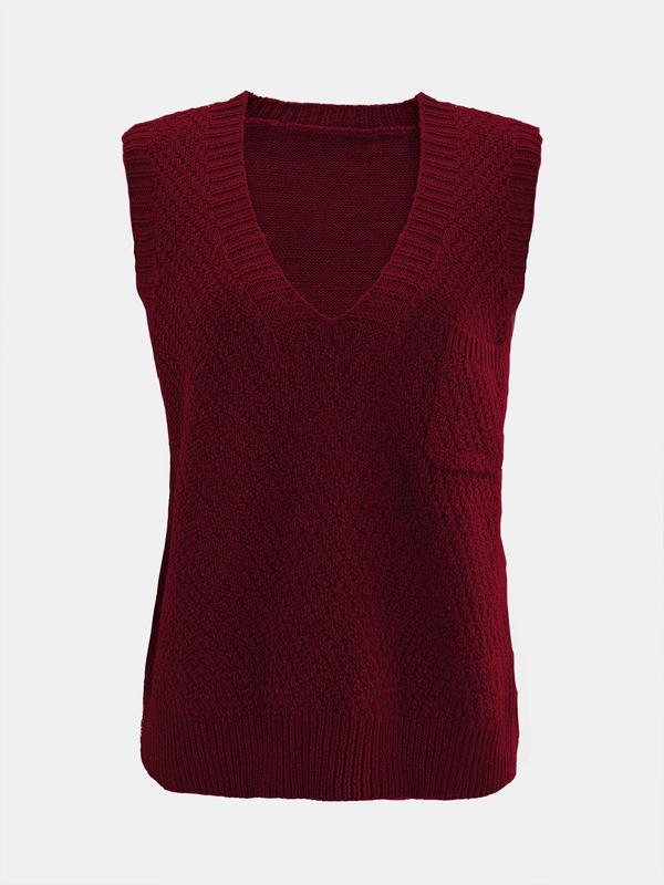 Women's Solid Pocket High Low Hem V Neck Sweater Vest, Casual Sleeveless Jumper Vest for Daily Wear, Ladies Knitwear for All Seasons