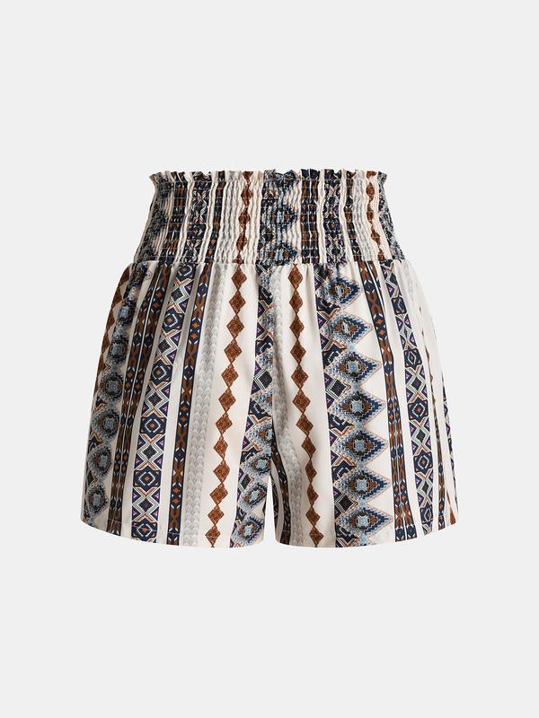 YOZY Women's Ethnic Pattern Shirred High Waist Shorts, Boho Casual High Rise Shorts for Beach Vacation Holiday, Ladies Summer Bottoms