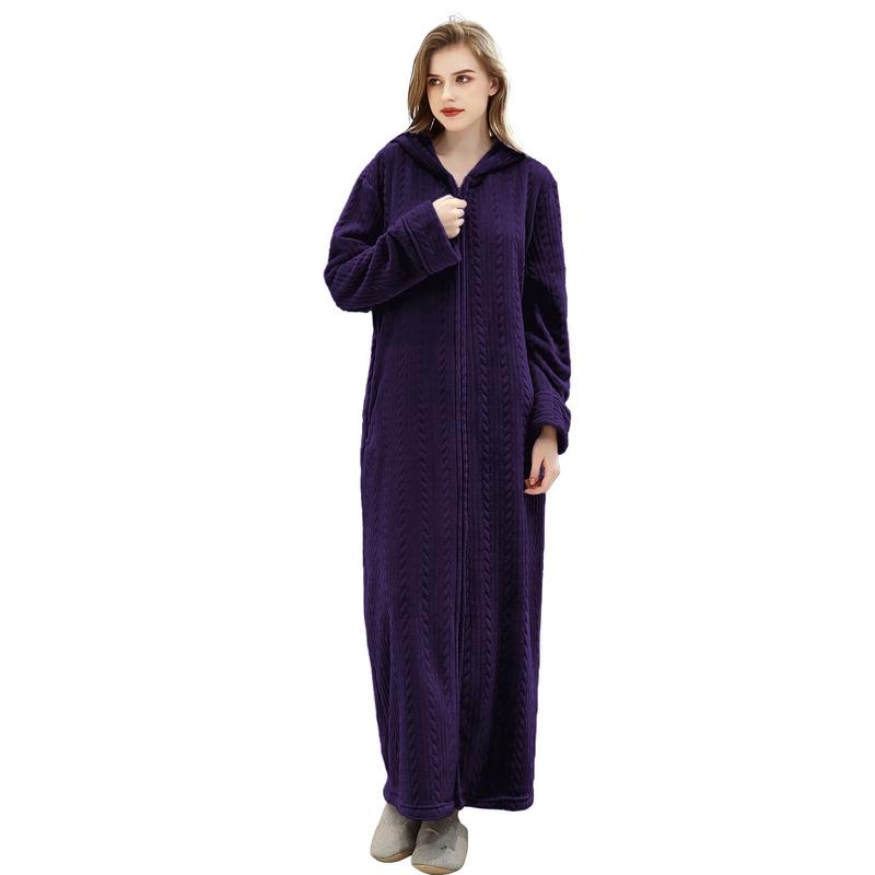 Robes for Women, Womens Hooded Plush Robe Zip up Front Long Fleece Bathobe for Women with Pocket, House Coat Moomoo Nightgowns Loungewear Sleepwear for Elderly Women Gift