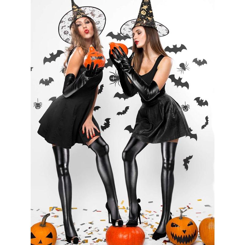 Women's Carnival Halloween Costume Elastic Spandex Shiny Wet Long Gloves and Thigh High Stockings