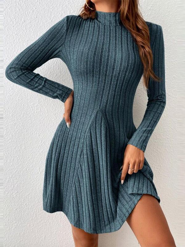 Women's Plain Pleated Mock Neck A Line Dress, Casual Long Sleeve Ribbed Dress for Fall & Winter, Women's Clothing for Daily Wear