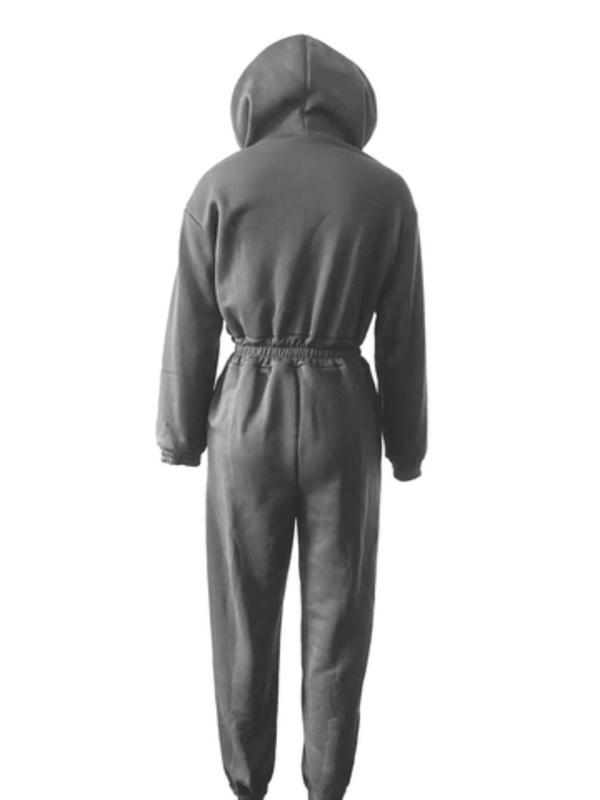 Women's Solid Zip Up Hooded Jumpsuit, Casual Drop Shoulder Long Sleeve Jumpsuit for Fall & Winter, Women's Clothes for Daily Wear