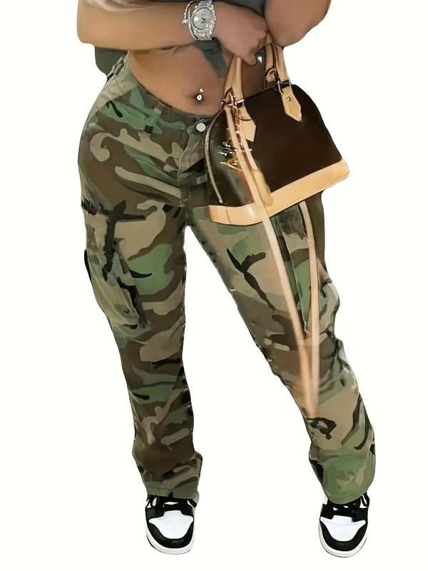  Camo Print Button Pocket Cargo Pants, Street Casual Multi-pocket Trousers for Daily Wear, Women's Bottoms for All Seasons