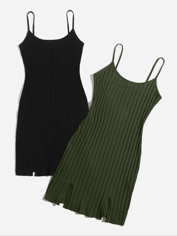 Women's Plain Split Cami Nightdress, Casual Sleeveless Rib Knit Cami Nightgown for Daily Home Wear, Summer Sleepwear Loungewear Set for Ladies