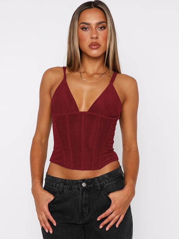 Women's Solid Color Corset Structure Cami Top, Fashion Adjustable Strap Deep V Neck Backless Top for Summer, Women's Clothing for Daily Wear