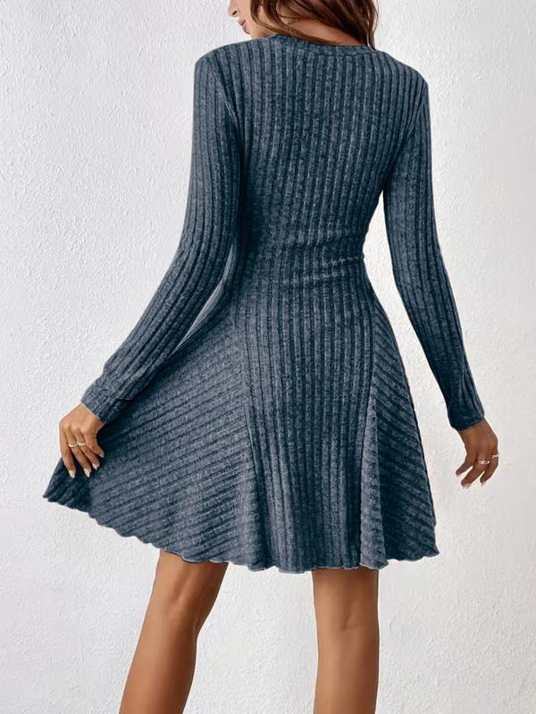 Women's Plain Pleated Mock Neck A Line Dress, Casual Long Sleeve Ribbed Dress for Fall & Winter, Women's Clothing for Daily Wear