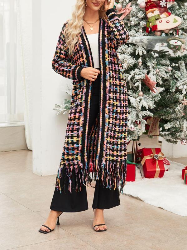 Women's All Over Print Fringe Trim Drop Shoulder Cardigan, Long Knitted Coat for Women, Fall Sweaters, Long Sleeve Open Front Knitwear for Fall & Winter, Fall Outfits 2024, Knit Fall Clothing Women 2024 Utah Girl Fits 80S