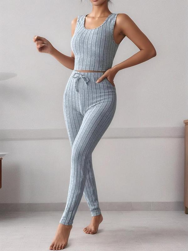 Women's Solid Ribbed Tank Top & Pants & Open Front Long Sleeve Outwear, Casual Comfy Pyjama Set, Women's Sleepwear for Spring & Fall