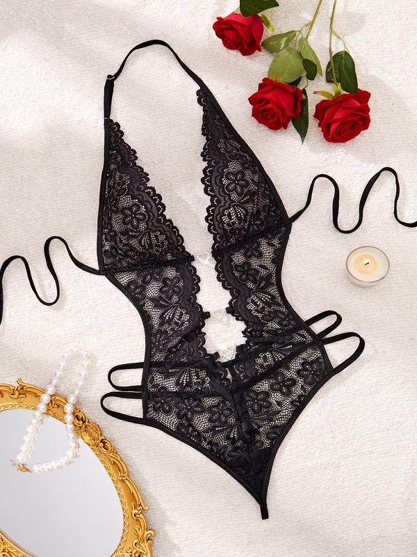 Women's Plain Floral Lace Backless Sheer Sexy Lingerie Bodysuit, Elegant Sexy Heart Shaped Rhinestone Decor Tie Back Bodysuit for All Seasons, Women's Sexy Lingerie for Daily Wear