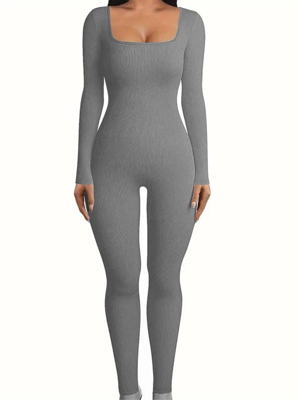 Women's Solid Cut Out Square Neck Ribbed Shapewear Jumpsuit, Casual Long Sleeve Bodycon Jumpsuit for Yoga Gym Workout, Lady's Shapewear Bodysuit for All Seasons, Fall Wear 2024