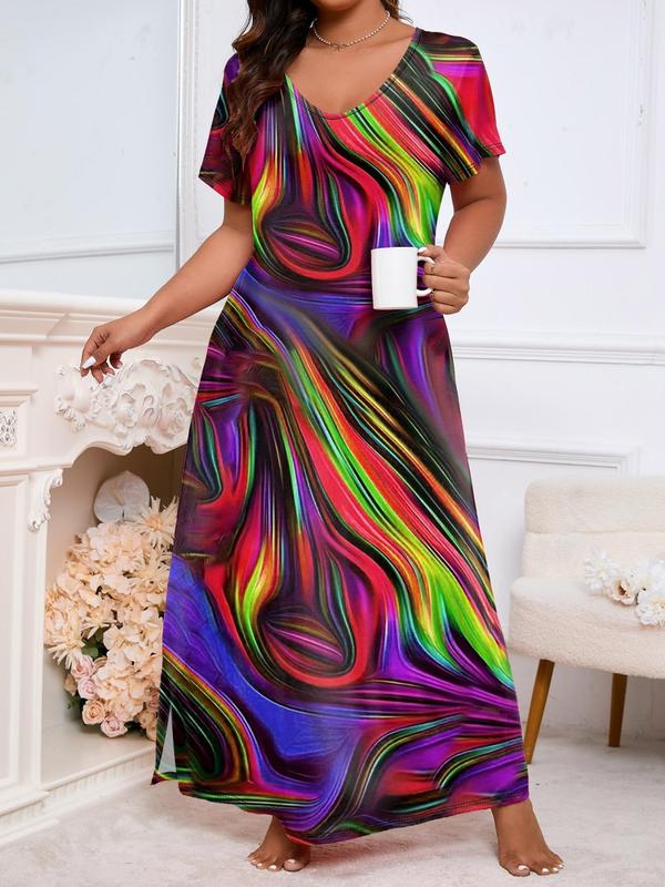  Colorful Print Drop Shoulder Lounge Dress, 2024 New Style Casual Scoop Neck Short Sleeve Nightgown, Women's Sleepwear for Spring & Fall